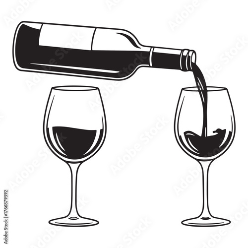 Hand drawn illustration of red wine being poured from a bottle into two wine glasses