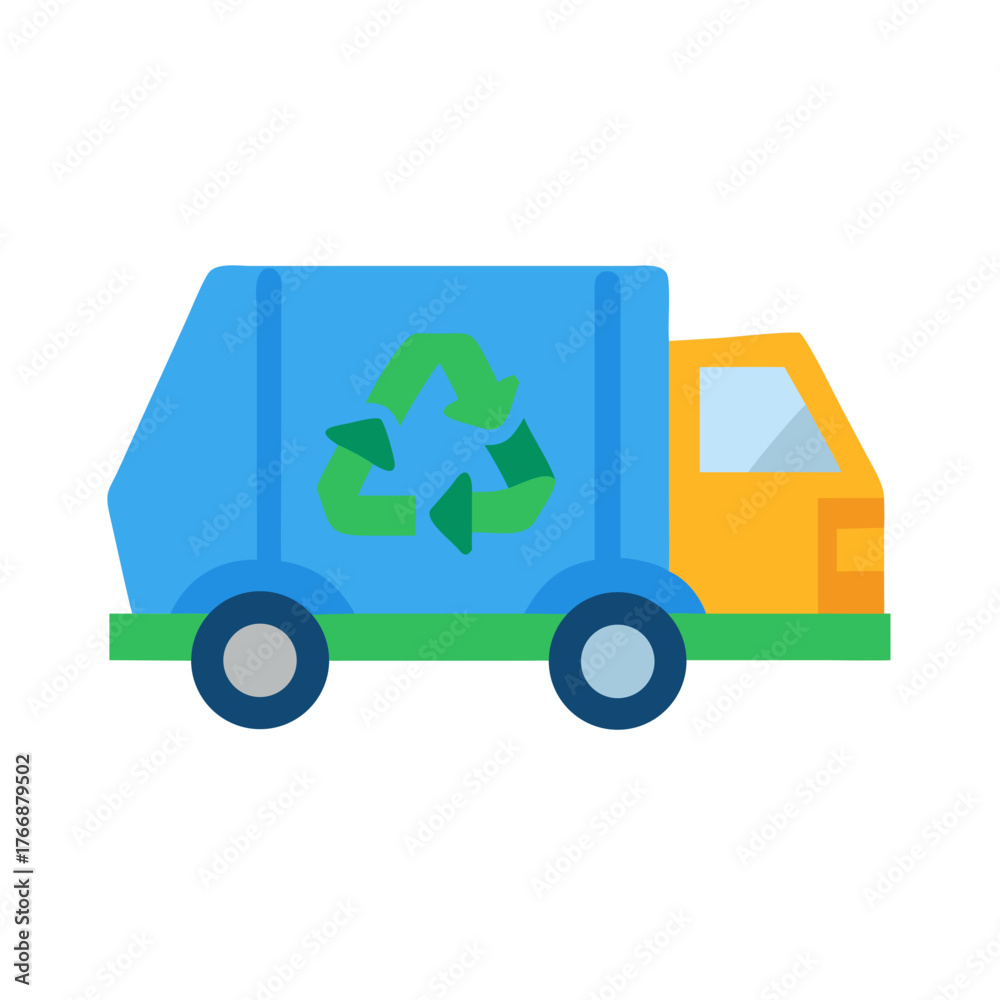 Naklejka premium Recycling truck in blue and yellow showing green reuse icon on side