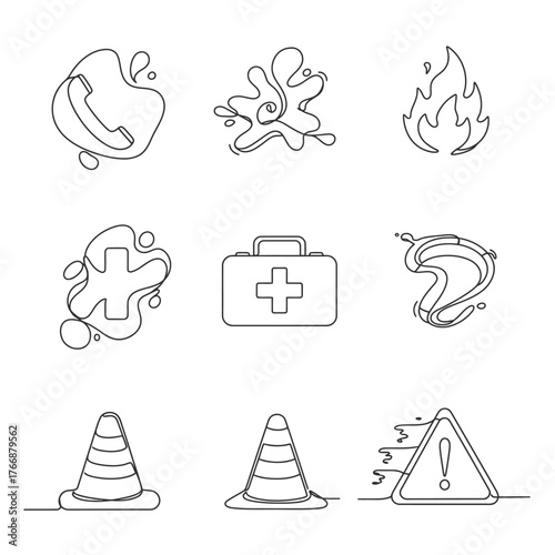 A collection of continuous line drawing icons representing various emergency situations, safety measures, and communication tools, perfect for modern digital design projects.