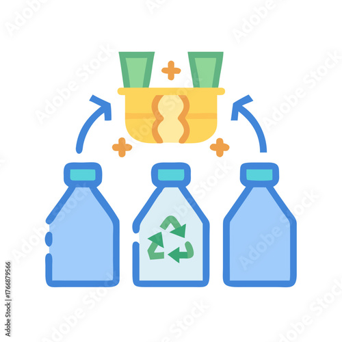 Illustration of plastic bottles recycling into money, focusing on environmental sustainability and economic benefit
