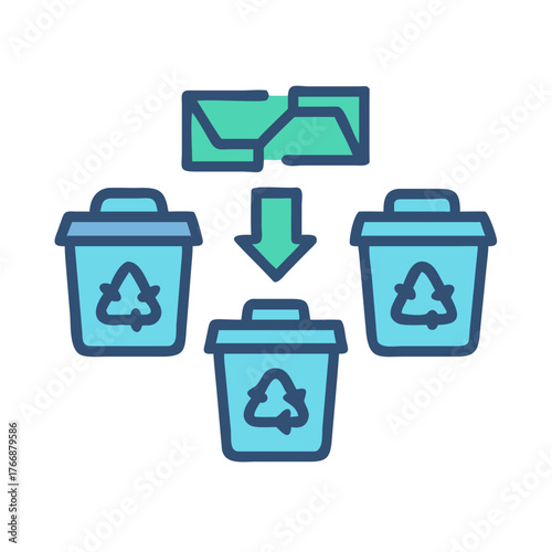 Digital file management illustration with document folder and recycle bins arrangement