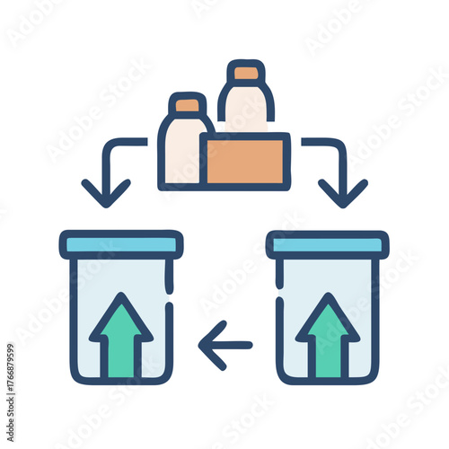 Circular recycling process illustration showing containers and waste bins with directional arrows