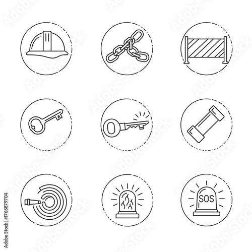 A versatile collection of outline vector icons illustrating crucial safety, security, and emergency concepts for industrial, workplace, and general protection.
