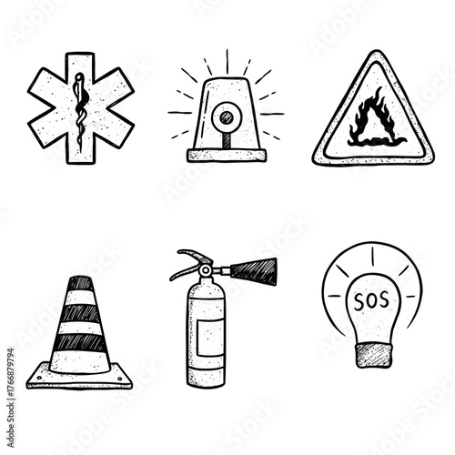 A collection of essential hand-drawn safety and emergency icons, perfect for illustrating public alerts, hazard warnings, and urgent response situations.