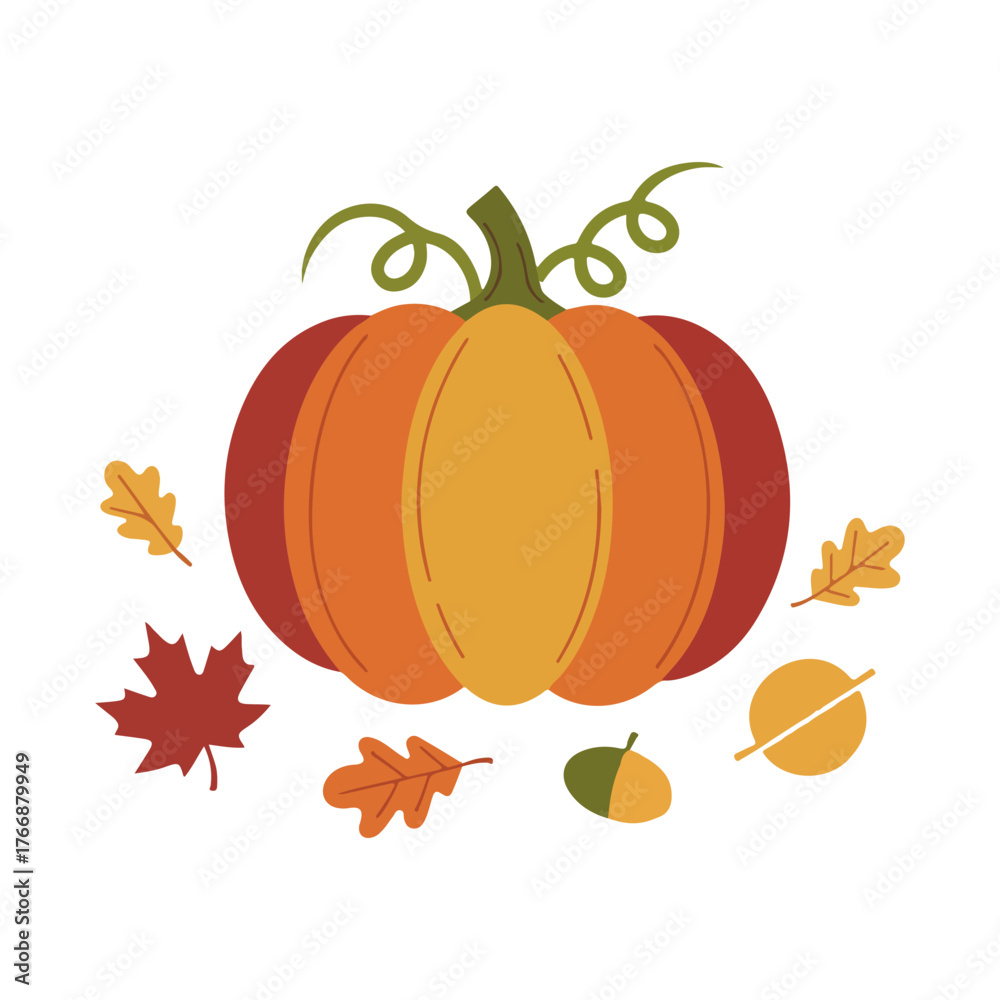 Naklejka premium Pumpkin surrounded by autumn leaves and an acorn, evoking a sense of fall harvest and seasonal celebration.