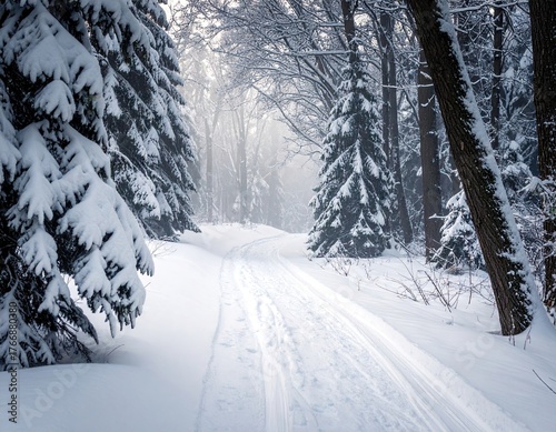 Winter Forest Path with Snow Covered Trees in Sunlight Scenery White Landscape