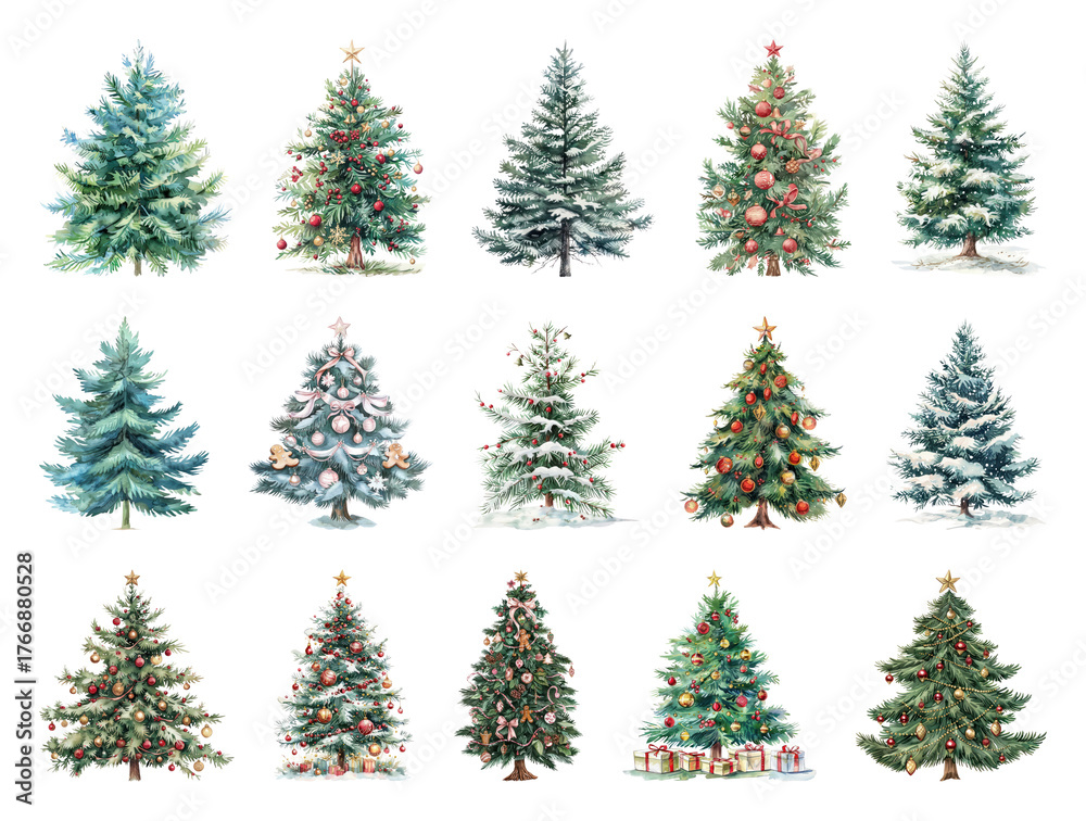 Obraz premium PNG Festive watercolor Christmas trees collection, element set on transparent background