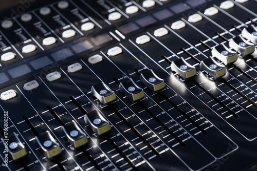 Mixer control. Music engineer. Backstage controls on an audio mixer, Sound mixer. Professional audio mixing console with lights, buttons, faders and sliders. sound check for concert. live broadcast.