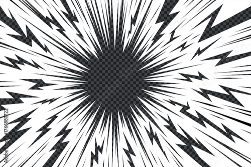 Thunder manga inverted vector effect with radial comic burst lines. Thunder manga bg for anime light flash, power energy and explosion ray. Abstract dark frame design background.