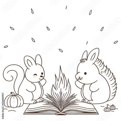 Cute Rabbit and Squirrel Reading Book Outline Doodle. Cozy Autumn Animals Near Campfire and Pumpkin Vector.