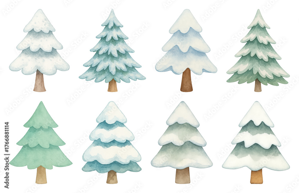 Fototapeta premium PNG Whimsical watercolor snowy trees, element set on transparent background