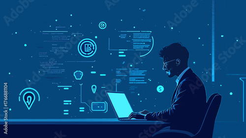 Programmer Working with Futuristic Code and AI Interface Vector Illustration