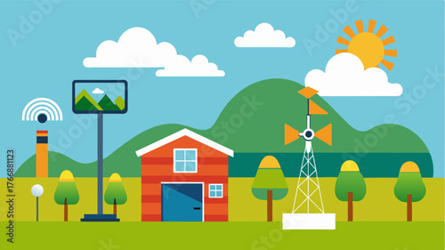 A digital weather station on a farm collects realtime data on temperature humidity wind speed and more allowing for accurate weather forecasting.. Vector illustration