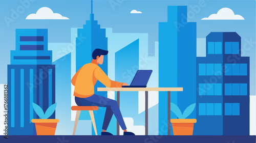 Against a backdrop of skyscrs a man works on his laptop at a hightop table on his balcony occasionally glancing up to take in the bustling city life below.. Vector illustration