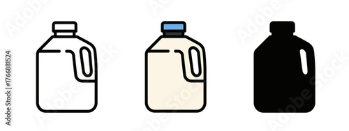 Three different style cartoon gallon milk containers on a white background