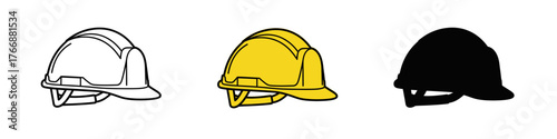 Safety Helmet Icons in Outlined, Yellow, and Solid Black Variations