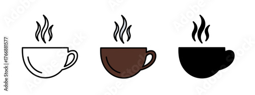 Variety of steamy coffee cups in outline, brown, and black on a white background