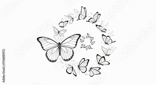 Butterfly wreath floral arrangement minimalist decorative line art.