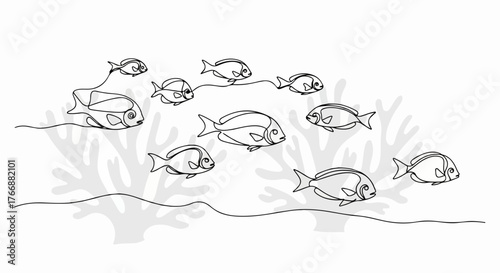 School of fish swimming minimalist underwater line art vector.