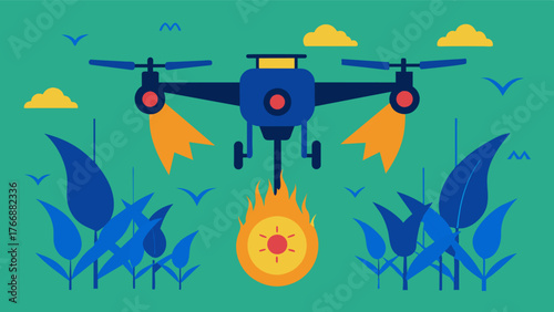 A drone equipped with thermal imaging technology detects changes in crop temperature identifying areas of stress or disease.. Vector illustration