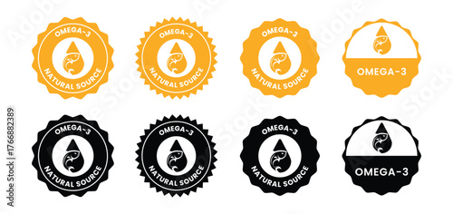 Natural Source of Omega-3. Vector stamps for packaging with drop and fish. Sign logo, badge, icon, sticker, label, emblem, stamp, symbol, black, line, flat vector, isolated illustration.	