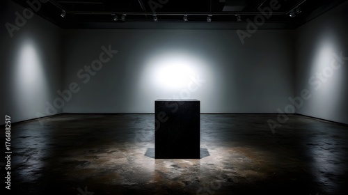 A solitary black textured pedestal is dramatically lit by a spotlight in an empty art gallery
