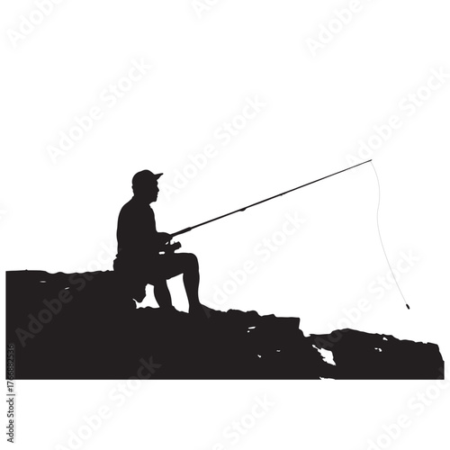 Man fishing silhouette vector on river bank