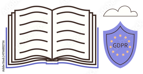 Open book with shield labeled GDPR, surrounded by a cloud illustration. Ideal for privacy policy, data security, compliance, education, legal guidelines, awareness digital safety. Simple flat