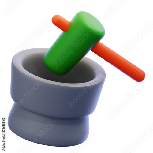 3D illustration of a pestle and mortar, a tool used for grinding and mixing ingredients, often found in kitchens and laboratories for food preparation and pharmaceutical use