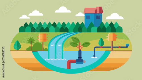 A closedloop irrigation system that recirculates excess water and nutrients minimizing waste and reducing the need for frequent refills.. Vector illustration