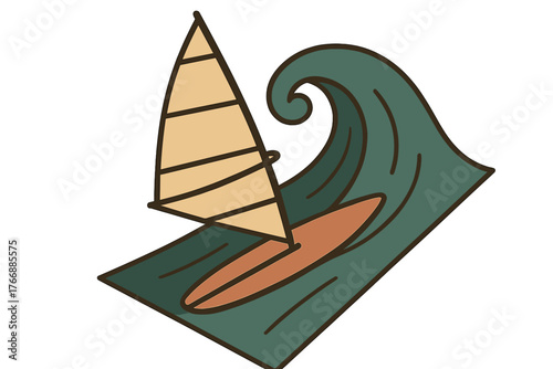 Stylized windsurfing board with sail riding a large ocean wave in retro graphic design