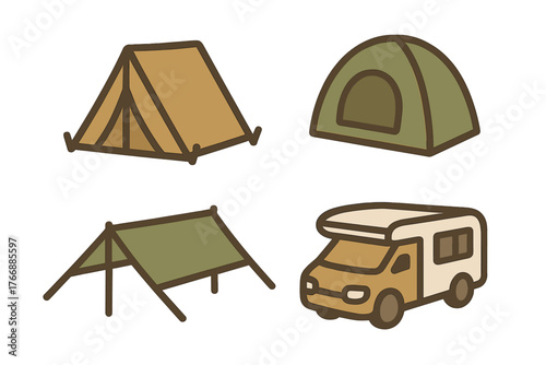 Collection of camping tents, shelter tarp, motorhome, and recreational vehicle equipment