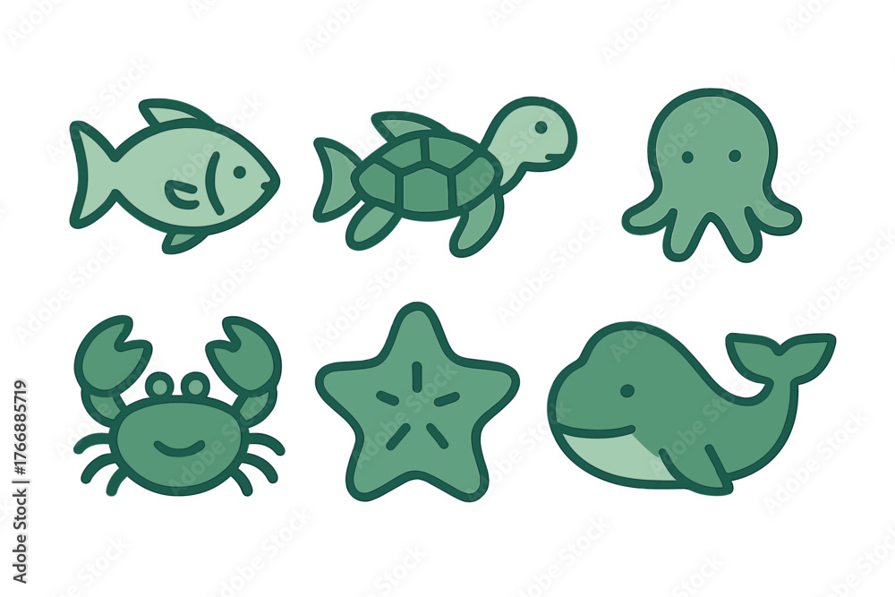 Naklejka premium Collection of six adorable marine animals: fish, sea turtle, octopus, crab, starfish, and whale