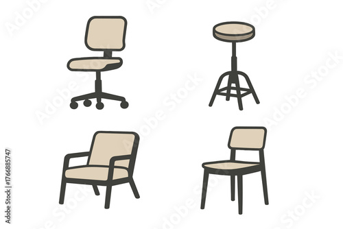 Set of modern seating furniture designs including office chair, armchair, and bar stool