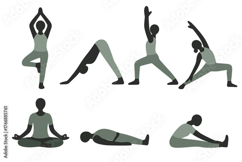 Six silhouettes demonstrating fundamental yoga poses like tree, warrior, and meditation
