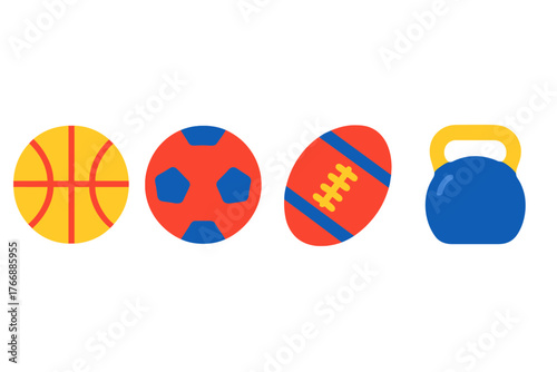 Colorful sports equipment set with basketball soccer ball football and kettlebell