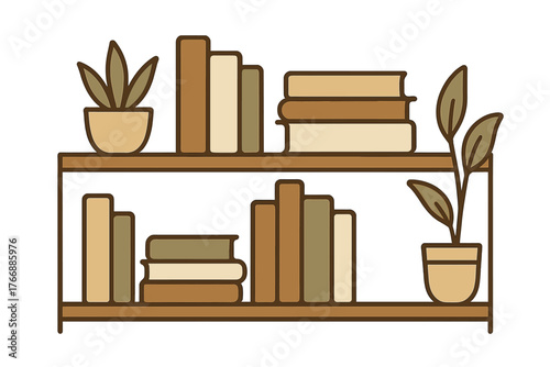 Minimalist wooden bookshelf filled with stacked books and decorative potted indoor plants