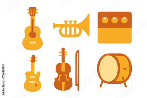 Set of musical instrument icons including guitars, trumpet, violin, drum, and sound amplifier