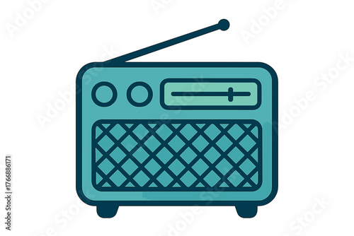 Stylized portable retro radio receiver with antenna and tuning dial on a white background