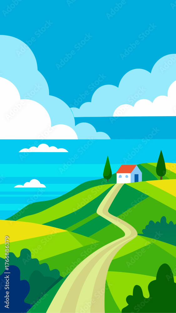 Obraz premium Stylized landscape with a winding road leading to a white house on a hill