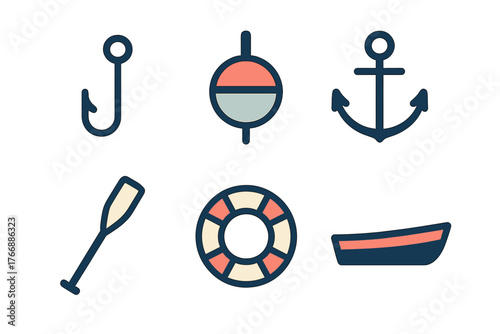 Nautical and fishing equipment set featuring anchor, hook, bobber, life ring, boat, and paddle