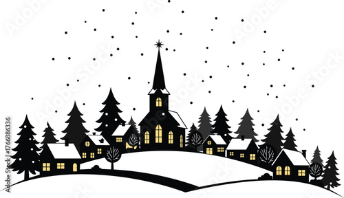 Winter village silhouette illustration, festive Christmas holiday vector artwork, snowy church pine tree design, seasonal night scene, cozy flat cad drawing