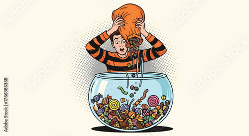 Cartoon illustration of a stressed boy with red hair and orange striped shirt holding his head over a colorful fishbowl filled with sweets on a plain background.