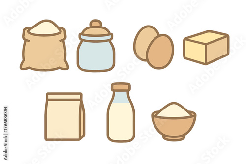 Essential baking ingredients collection: flour, eggs, milk, butter, and sugar
