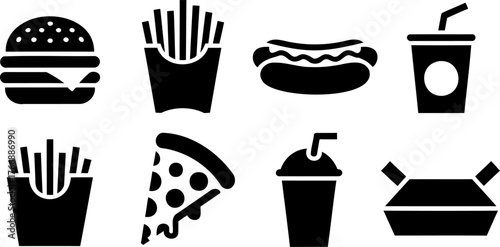 A collection of black silhouette icons depicting various popular fast food items and drinks, including burgers, fries, hot dogs, pizza, and beverages.