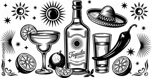 Black and white illustration of tequila bottle, margarita, sombrero, and other Mexican elements.