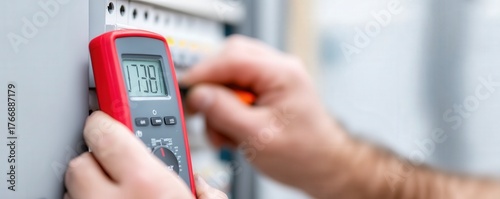 maintenance technical repair optimization concept. Measuring voltage with a multimeter in an electrical panel.