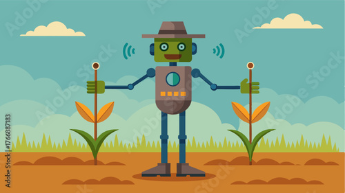 A mechanical scarecrow equipped with sensors and noisemaking capabilities keeps pests at bay protecting the crops from harm.. Vector illustration