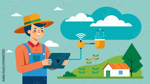 A farmer using a cloudbased irrigation management system to remotely control their farms irrigation even when away from their farm.. Vector illustration