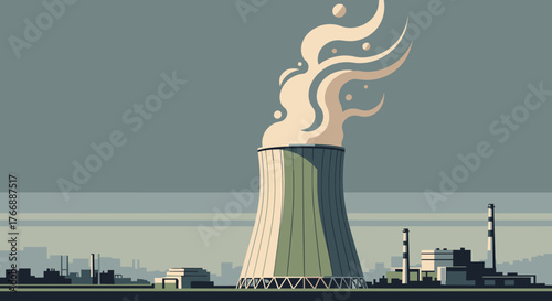 industrial cooling tower emitting vapor trail, energy production concept